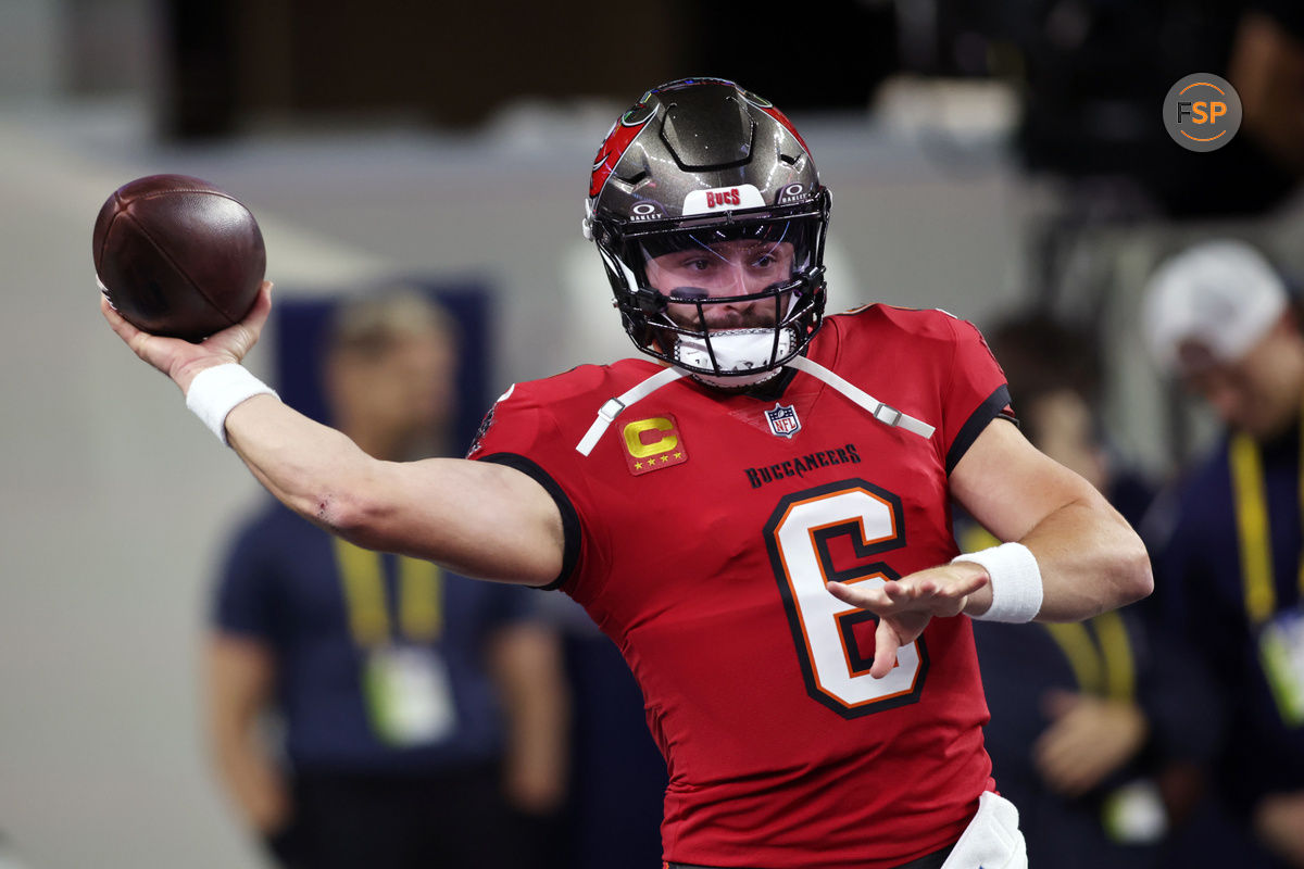 Dec 22, 2024; Arlington, Texas, USA; Tampa Bay Buccaneers quarterback Baker Mayfield (6) throws a pass before the game against the Dallas Cowboys at AT&T Stadium. Credit: Tim Heitman-Imagn Images