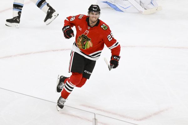 Oct 13, 2025; Chicago, Illinois, USA;  Chicago Blackhawks left wing Andre Burakovsky (28) celebrates after he scores past Utah Mammoth goaltender Vitek Vanecek (41) during the third period at United Center. Mandatory Credit: Matt Marton-Imagn Images