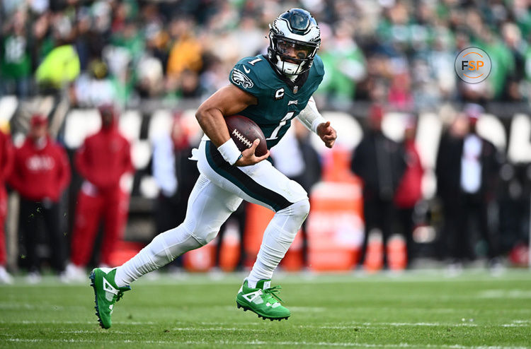 PHILADELPHIA, PA - DECEMBER 31: Philadelphia Eagles Quarterback Jalen Hurts (1) rushes in the second half during the game between the Arizona Cardinals and Philadelphia Eagles on December 31, 2023 at Lincoln Financial Field in Philadelphia, PA. (Photo by Kyle Ross/Icon Sportswire)