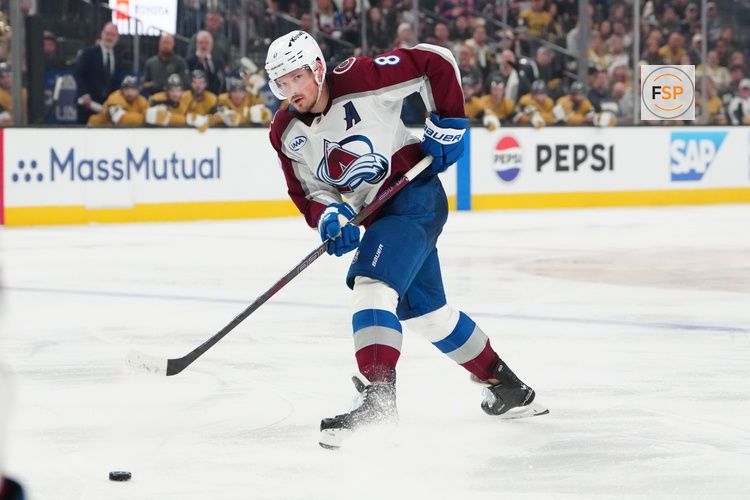 May 26, 2026; Las Vegas, Nevada, USA; Colorado Avalanche defenseman Cale Makar (8) shoots the puck during the second period against the Vegas Golden Knights in game four of the Western Conference Final of the 2026 Stanley Cup Playoffs at T-Mobile Arena. Credit: Stephen R. Sylvanie-Imagn Images