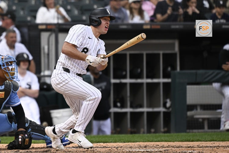 Jun 7, 2025; Chicago, Illinois, USA;  Chicago White Sox catcher Kyle Teel (8) singles during the eighth inning against the Kansas City Royals at Rate Field. Credit: Matt Marton-Imagn Images