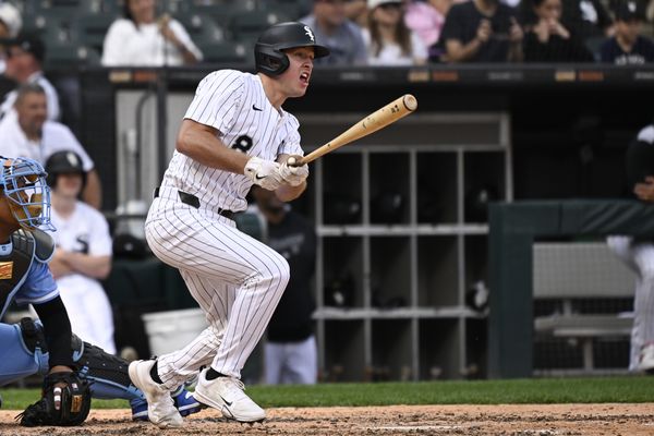 Jun 7, 2025; Chicago, Illinois, USA;  Chicago White Sox catcher Kyle Teel (8) singles during the eighth inning against the Kansas City Royals at Rate Field. Mandatory Credit: Matt Marton-Imagn Images