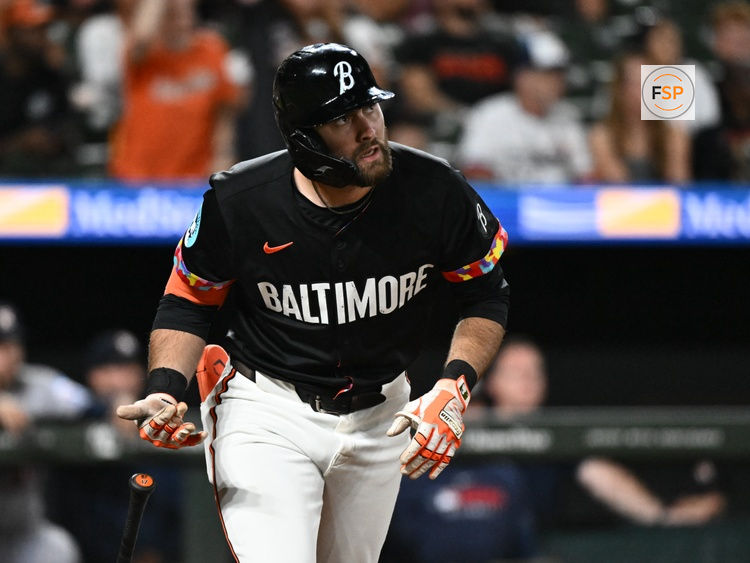 Aug 22, 2025; Baltimore, Maryland, USA;  Baltimore Orioles outfielder Colton Cowser (17) hits a solo home run during the seventh inning against the Houston Astros at Oriole Park at Camden Yards. Credit: James A. Pittman-Imagn Images