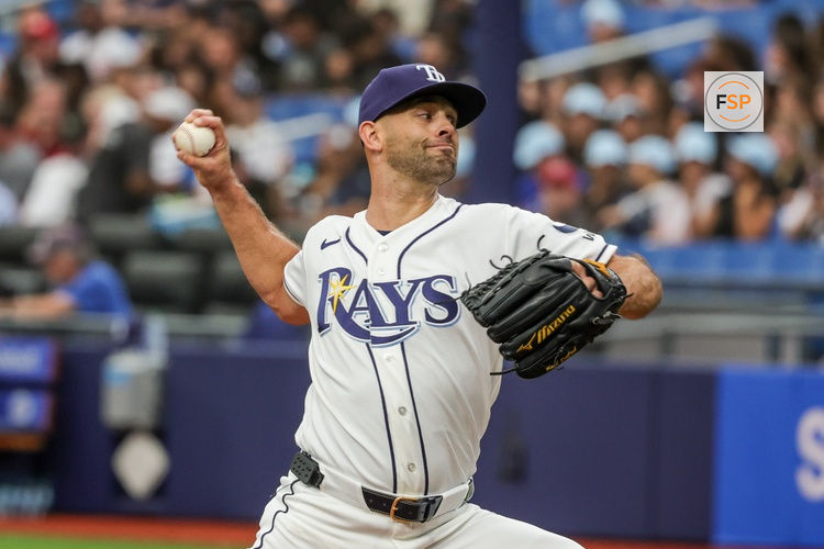 Apr 22, 2026; St. Petersburg, Florida, USA; Tampa Bay Rays pitcher Nick Martinez (28) throws during the first inning against the Cincinnati Reds at Tropicana Field. Credit: Mike Watters-Imagn Images