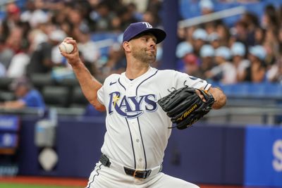 Apr 22, 2026; St. Petersburg, Florida, USA; Tampa Bay Rays pitcher Nick Martinez (28) throws during the first inning against the Cincinnati Reds at Tropicana Field. Mandatory Credit: Mike Watters-Imagn Images