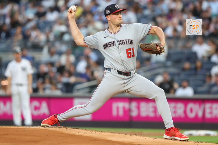Aug 25, 2025; Bronx, New York, USA;  Washington Nationals starting pitcher Brad Lord (61) pitches in the first inning against the New York Yankees at Yankee Stadium. Credit: Wendell Cruz-Imagn Images