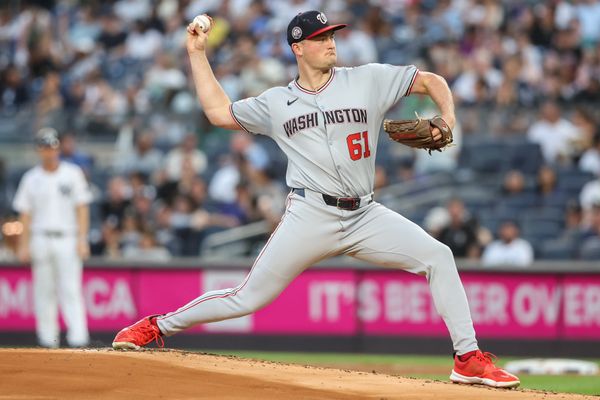 Aug 25, 2025; Bronx, New York, USA;  Washington Nationals starting pitcher Brad Lord (61) pitches in the first inning against the New York Yankees at Yankee Stadium. Mandatory Credit: Wendell Cruz-Imagn Images