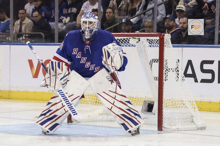 Oct 6, 2026; New York, New York, USA;  New York Rangers goaltender Igor Shesterkin (31) defends the net in the second period against the New York Islanders at Madison Square Garden.  Credit: Wendell Cruz-Imagn Images