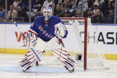 Oct 6, 2026; New York, New York, USA;  New York Rangers goaltender Igor Shesterkin (31) defends the net in the second period against the New York Islanders at Madison Square Garden.  Mandatory Credit: Wendell Cruz-Imagn Images