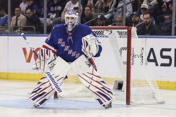 Oct 6, 2026; New York, New York, USA;  New York Rangers goaltender Igor Shesterkin (31) defends the net in the second period against the New York Islanders at Madison Square Garden.  Mandatory Credit: Wendell Cruz-Imagn Images