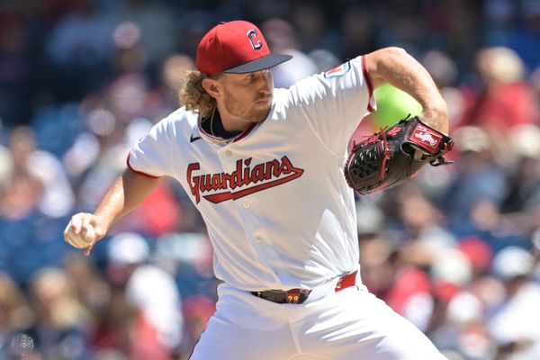 May 31, 2026; Cleveland, Ohio, USA; Cleveland Guardians pitcher Tanner Bibee (28) throws a pitch during the first inning against the Boston Red Sox at Progressive Field. Mandatory Credit: Ken Blaze-Imagn Images