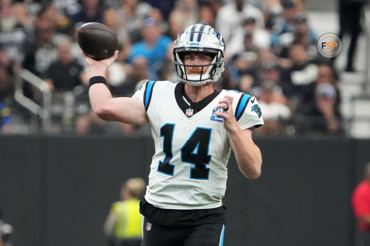 Sep 22, 2024; Paradise, Nevada, USA; Carolina Panthers quarterback Andy Dalton (14) throws the ball against the Las Vegas Raiders in the second half at Allegiant Stadium. Credit: Kirby Lee-Imagn Images