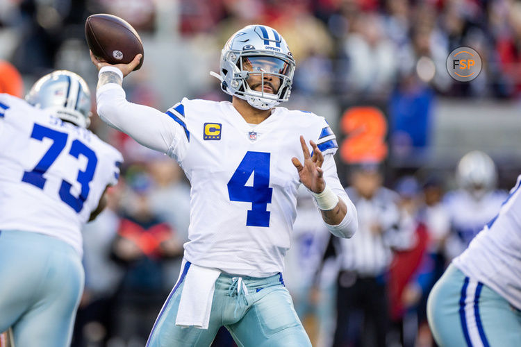 SANTA CLARA, CA - JANUARY 22: Dallas Cowboys quarterback Dak Prescott (4) throws a pass during the NFL NFC Divisional Playoff game between the Dallas Cowboys and San Francisco 49ers on January 22, 2023, at Levi’s Stadium in Santa Clara, CA. (Photo by Bob Kupbens/Icon Sportswire)