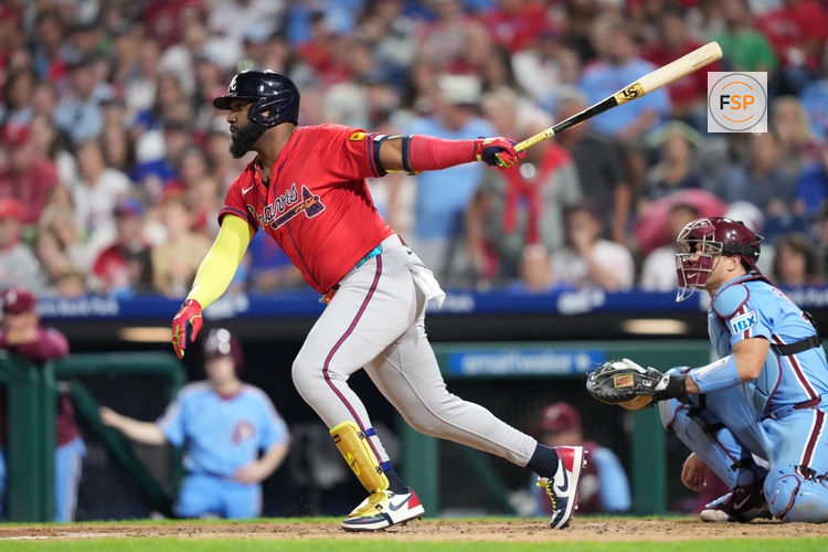 Aug 28, 2025; Philadelphia, Pennsylvania, USA; Atlanta Braves designated hitter Marcell Ozuna (20) hits a single against the Philadelphia Phillies in the seventh inning at Citizens Bank Park. Credit: Kyle Ross-Imagn Images
