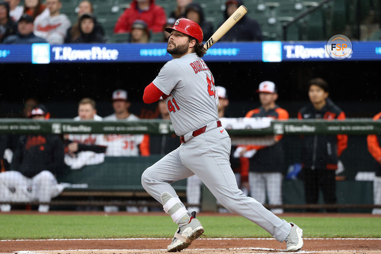 May 27, 2025; Baltimore, Maryland, USA; St. Louis Cardinals first baseman Alec Burleson (41) hits a single during the first inning against the Baltimore Orioles at Oriole Park at Camden Yards. Credit: Daniel Kucin Jr.-Imagn Images