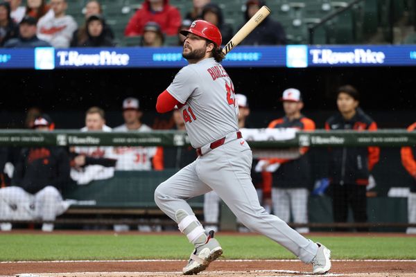 May 27, 2025; Baltimore, Maryland, USA; St. Louis Cardinals first baseman Alec Burleson (41) hits a single during the first inning against the Baltimore Orioles at Oriole Park at Camden Yards. Mandatory Credit: Daniel Kucin Jr.-Imagn Images