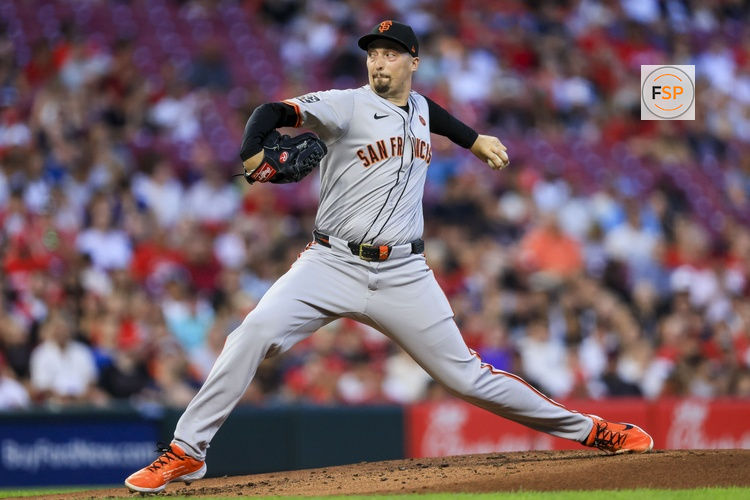 Aug 2, 2024; Cincinnati, Ohio, USA; San Francisco Giants starting pitcher Blake Snell (7) pitches against the Cincinnati Reds in the first inning at Great American Ball Park. Mandatory Credit: Katie Stratman-USA TODAY Sports