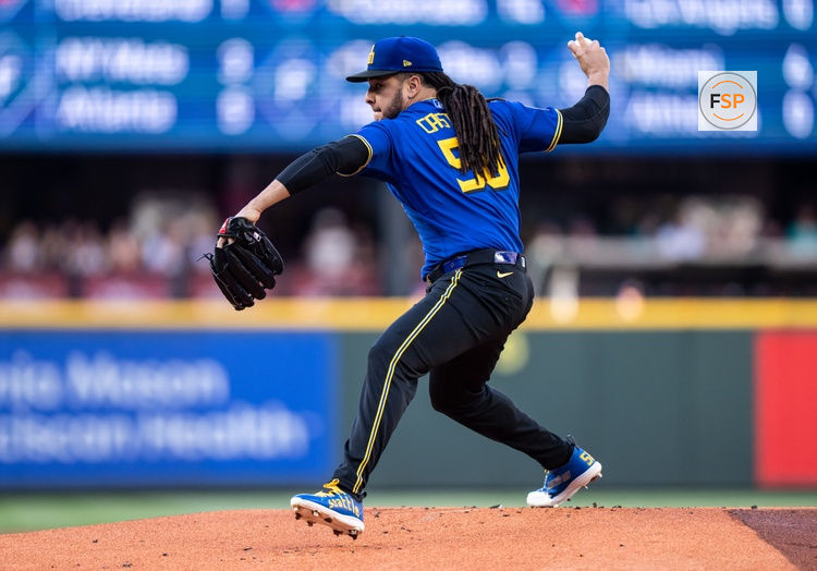 Jul 3, 2026; Seattle, Washington, USA;  Seattle Mariners starter Luis Castillo (58) delivers a pitch against the Toronto Blue Jays at T-Mobile Park. Credit: Stephen Brashear-Imagn Images