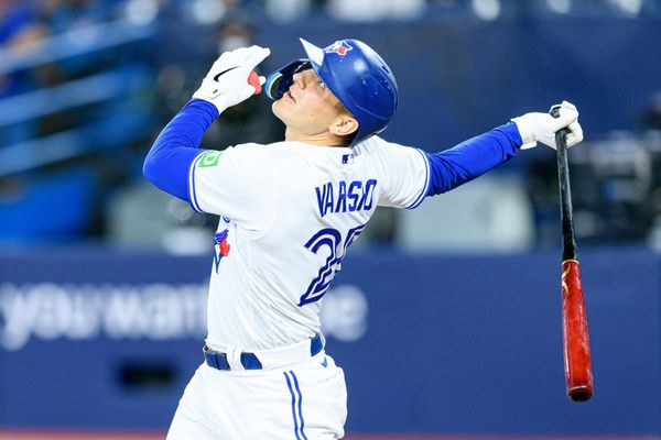 TORONTO, ON - SEPTEMBER 11: Toronto Blue Jays Outfield Daulton Varsho (25) bats during the MLB baseball regular season game between the Texas Rangers  and the Toronto Blue Jays on September 11, 2023, at Rogers Centre in Toronto, ON, Canada. (Photo by Julian Avram/Icon Sportswire)