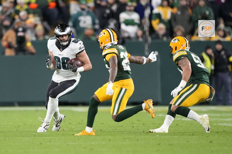 Nov 10, 2025; Green Bay, Wisconsin, USA; Philadelphia Eagles tight end Dallas Goedert (88) runs after the catch against the Green Bay Packers in the second half at Lambeau Field. Credit: Jeff Hanisch-Imagn Images