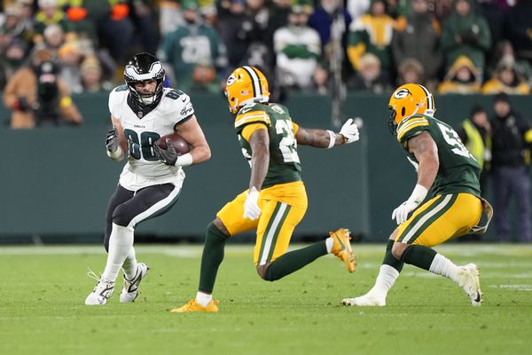 Nov 10, 2025; Green Bay, Wisconsin, USA; Philadelphia Eagles tight end Dallas Goedert (88) runs after the catch against the Green Bay Packers in the second half at Lambeau Field. Mandatory Credit: Jeff Hanisch-Imagn Images