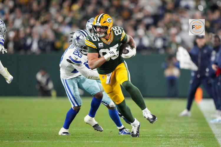 Oct 18, 2026; Green Bay, Wisconsin, USA;  Green Bay Packers tight end Tucker Kraft (85) during the game against the Dallas Cowboys at Lambeau Field. Credit: Jeff Hanisch-Imagn Images