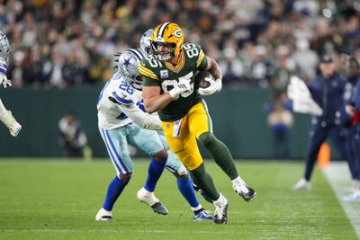 Oct 18, 2026; Green Bay, Wisconsin, USA;  Green Bay Packers tight end Tucker Kraft (85) during the game against the Dallas Cowboys at Lambeau Field. Mandatory Credit: Jeff Hanisch-Imagn Images
