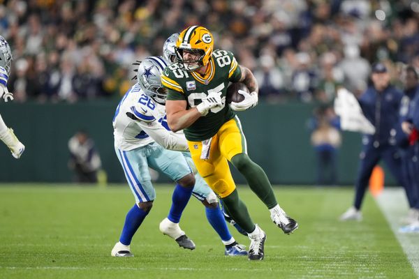 Oct 18, 2026; Green Bay, Wisconsin, USA;  Green Bay Packers tight end Tucker Kraft (85) during the game against the Dallas Cowboys at Lambeau Field. Mandatory Credit: Jeff Hanisch-Imagn Images