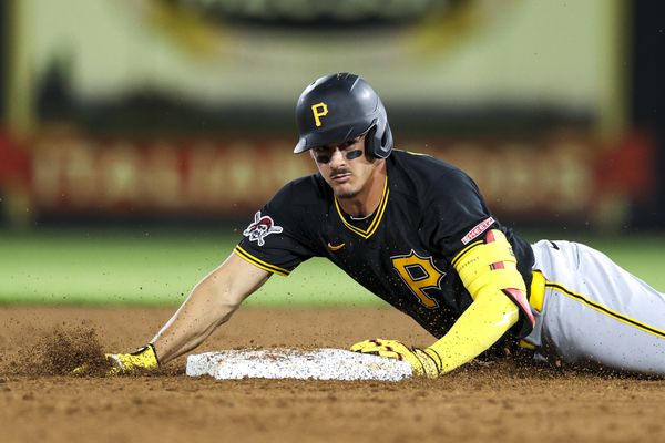 Mar 9, 2026; Tampa, Florida, USA; Pittsburgh Pirates shortstop Konnor Griffin (75) runs to second base on a two-rbi double against the New York Yankees in the fifth inning during spring training at George M. Steinbrenner Field. Mandatory Credit: Nathan Ray Seebeck-Imagn Images