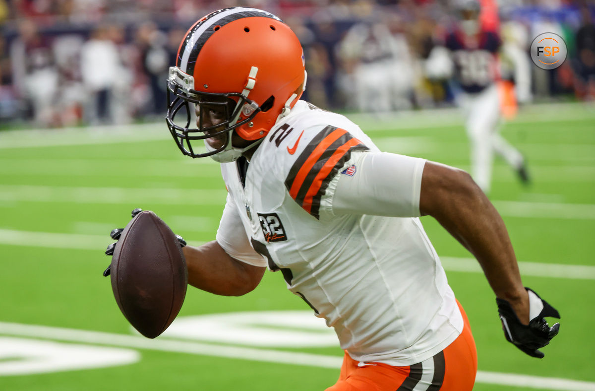 Dec 24, 2023; Houston, Texas, USA; Cleveland Browns wide receiver Amari Cooper (2) runs for a touchdown after a catch against the Houston Texans in the second quarter at NRG Stadium. Credit: Thomas Shea-USA TODAY Sports