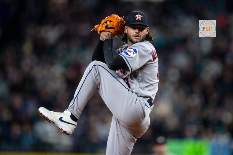 Apr 11, 2026; Seattle, Washington, USA;  Houston Astros starter Lance McCullers Jr. (43) delivers a pitch against the Seattle Mariners at T-Mobile Park. Credit: Stephen Brashear-Imagn Images