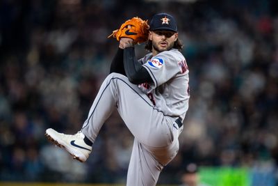 Apr 11, 2026; Seattle, Washington, USA;  Houston Astros starter Lance McCullers Jr. (43) delivers a pitch against the Seattle Mariners at T-Mobile Park. Mandatory Credit: Stephen Brashear-Imagn Images