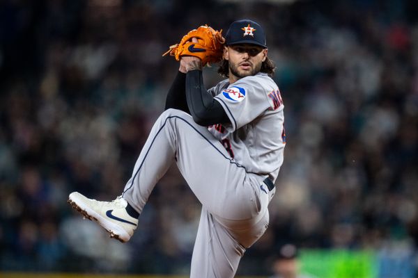 Apr 11, 2026; Seattle, Washington, USA;  Houston Astros starter Lance McCullers Jr. (43) delivers a pitch against the Seattle Mariners at T-Mobile Park. Mandatory Credit: Stephen Brashear-Imagn Images