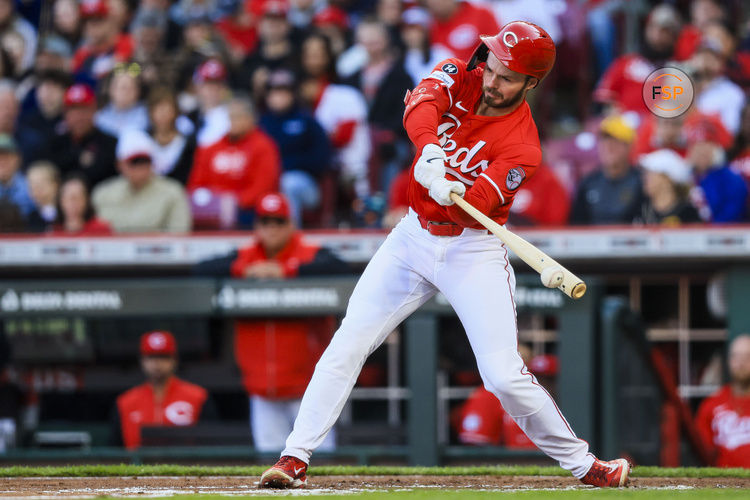 Apr 12, 2025; Cincinnati, Ohio, USA; Cincinnati Reds outfielder Gavin Lux (2) bats against the Pittsburgh Pirates in the third inning at Great American Ball Park. Credit: Katie Stratman-Imagn Images