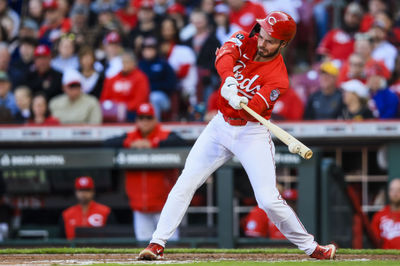 Apr 12, 2025; Cincinnati, Ohio, USA; Cincinnati Reds outfielder Gavin Lux (2) bats against the Pittsburgh Pirates in the third inning at Great American Ball Park. Mandatory Credit: Katie Stratman-Imagn Images