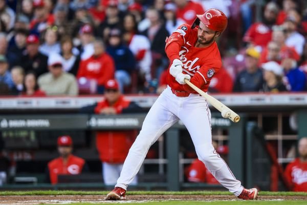 Apr 12, 2025; Cincinnati, Ohio, USA; Cincinnati Reds outfielder Gavin Lux (2) bats against the Pittsburgh Pirates in the third inning at Great American Ball Park. Mandatory Credit: Katie Stratman-Imagn Images