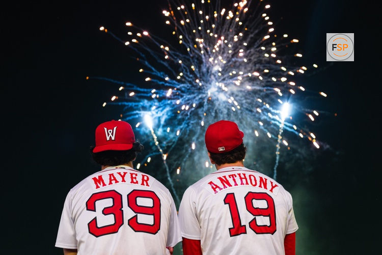 Worcester Red Sox players Marcelo Mayer and Roman Anthony watch fireworks following a Triple-A game on May 2, 2025 at Polar Park.