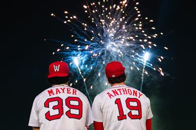 Worcester Red Sox players Marcelo Mayer and Roman Anthony watch fireworks following a Triple-A game on May 2, 2025 at Polar Park.