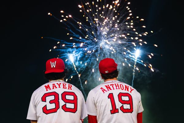 Worcester Red Sox players Marcelo Mayer and Roman Anthony watch fireworks following a Triple-A game on May 2, 2025 at Polar Park.