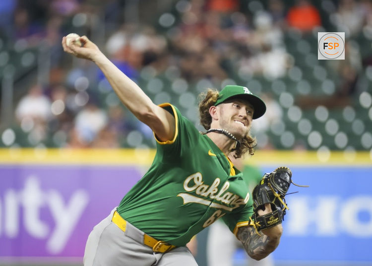 HOUSTON, TX - MAY 16:  Oakland Athletics starting pitcher Joey Estes (68) throws a pitch in the bottom of the second inning during the MLB game between the Oakland Athletics and Houston Astros on May 16, 2024 at Minute Maid Park in Houston, Texas.  (Photo by Leslie Plaza Johnson/Icon Sportswire)