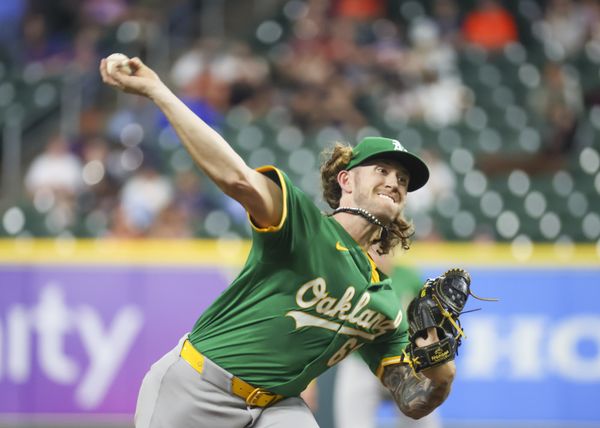 HOUSTON, TX - MAY 16:  Oakland Athletics starting pitcher Joey Estes (68) throws a pitch in the bottom of the second inning during the MLB game between the Oakland Athletics and Houston Astros on May 16, 2024 at Minute Maid Park in Houston, Texas.  (Photo by Leslie Plaza Johnson/Icon Sportswire)
