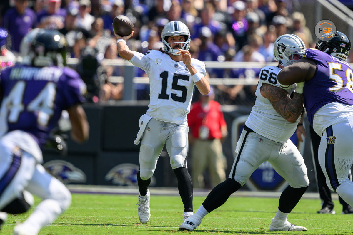 Sep 15, 2024; Baltimore, Maryland, USA; Las Vegas Raiders quarterback Gardner Minshew (15) throws a pass during the first half against the Baltimore Ravens at M&T Bank Stadium. Credit: Reggie Hildred-Imagn Images