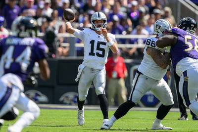 Sep 15, 2024; Baltimore, Maryland, USA; Las Vegas Raiders quarterback Gardner Minshew (15) throws a pass during the first half against the Baltimore Ravens at M&T Bank Stadium. Mandatory Credit: Reggie Hildred-Imagn Images