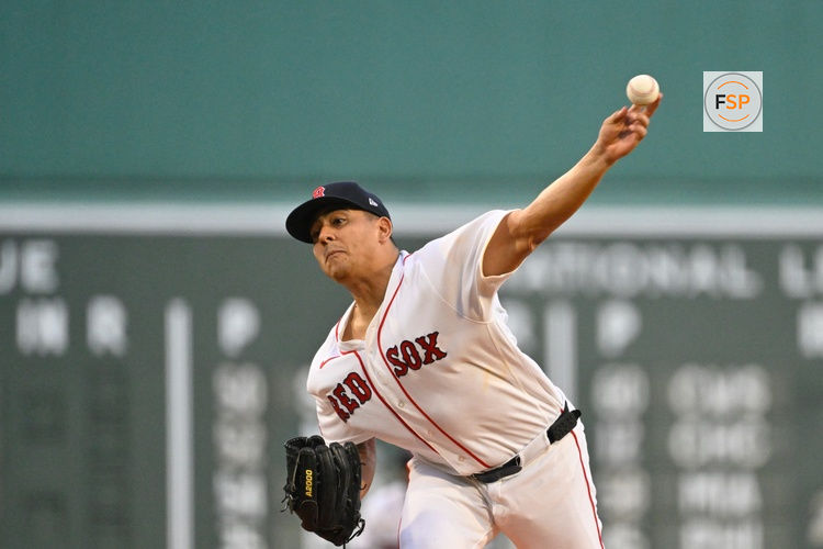 August 18, 2026; Boston, Massachusetts, USA; Boston Red Sox starting pitcher Ranger Suarez (55) pitches against the Arizona Diamondbacks during the first inning at Fenway Park. Credit: Eric Canha-Imagn Images