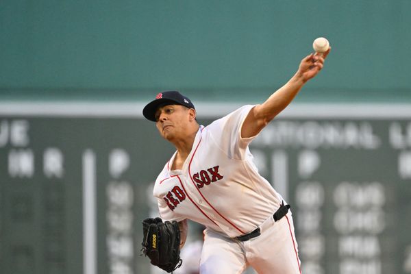 August 18, 2026; Boston, Massachusetts, USA; Boston Red Sox starting pitcher Ranger Suarez (55) pitches against the Arizona Diamondbacks during the first inning at Fenway Park. Mandatory Credit: Eric Canha-Imagn Images