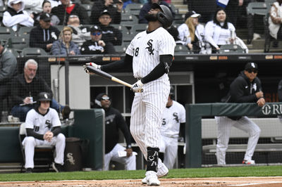 Apr 13, 2025; Chicago, Illinois, USA; Chicago White Sox outfielder Luis Robert Jr. (88) reacts after striking out swinging  during the first inning against the Boston Red Sox at Guaranteed Rate Field. Mandatory Credit: Matt Marton-Imagn Images