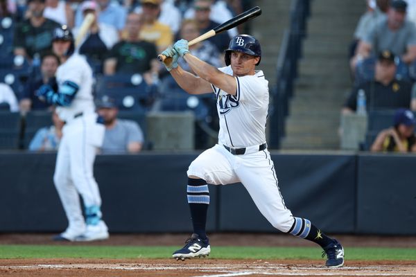 Apr 1, 2025; St. Petersburg, Florida, USA; Tampa Bay Rays right fielder Jake Mangum (28) hits a two rbi double against the Pittsburgh Pirates in the first inning at George M. Steinbrenner Field. Mandatory Credit: Nathan Ray Seebeck-Imagn Images