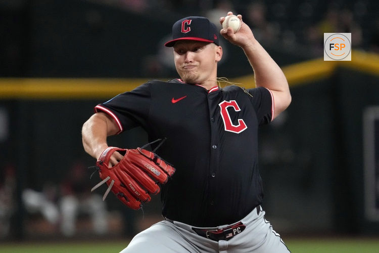 Aug 20, 2025; Phoenix, Arizona, USA; Cleveland Guardians pitcher Parker Messick (77) throws against the Arizona Diamondbacks in the first inning at Chase Field. Credit: Rick Scuteri-Imagn Images