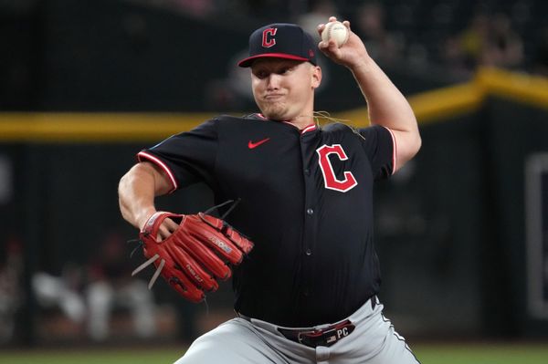 Aug 20, 2025; Phoenix, Arizona, USA; Cleveland Guardians pitcher Parker Messick (77) throws against the Arizona Diamondbacks in the first inning at Chase Field. Mandatory Credit: Rick Scuteri-Imagn Images