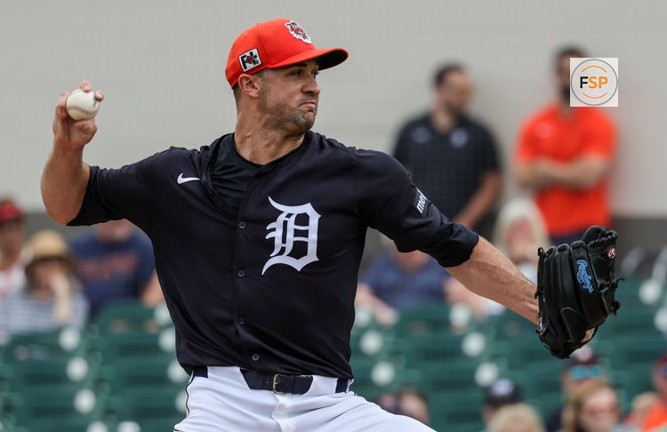 Feb 27, 2025; Lakeland, Florida, USA; Detroit Tigers pitcher Jack Flaherty (9) pitches during the first inning against the Boston Red Sox at Publix Field at Joker Marchant Stadium. Credit: Mike Watters-Imagn Images